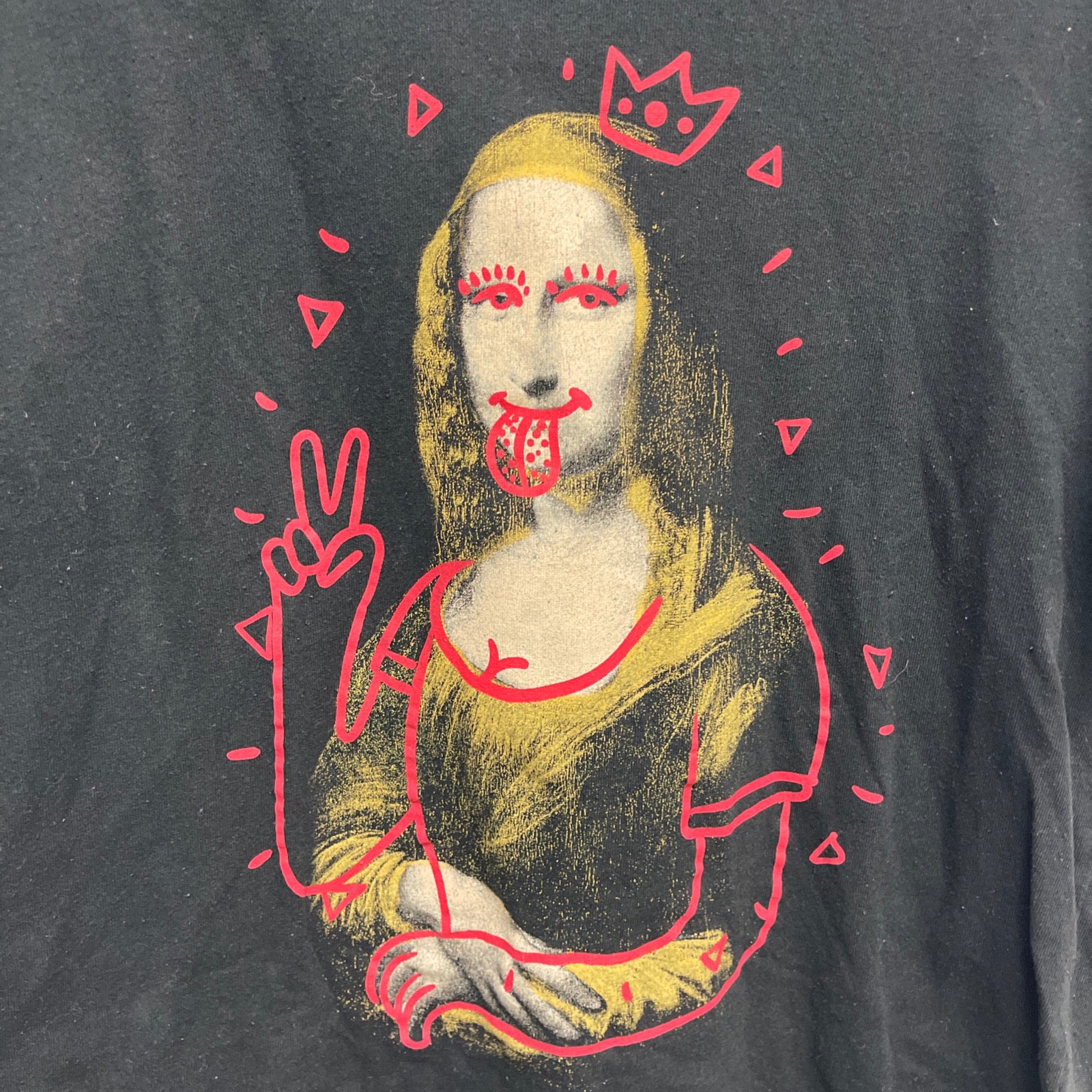 BRISCO Brands Men's T-Shirt Large Black Mona Lisa Graphic w/ Red Graffiti Tag